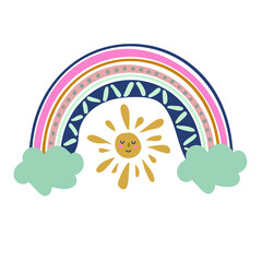 Rainbow illustration with clouds and sun for babies. Cute design element for children's room. Printable poster for kids. Pastel rainbow in vector