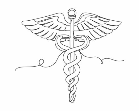Continuous one line drawing of caduceus medical symbol in silhouette on a white background. Linear stylized.Minimalist.