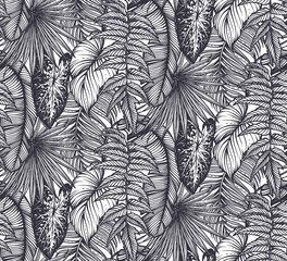 Beautiful seamless pattern with tropical jungle palm, monstera, banana leaves.