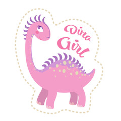 Cute pink Dinosaur girl with lettering Dino Girl. Vector EPS 10.
