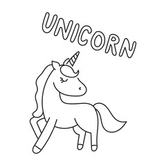 Cute unicorn doodle coloring page with animal and lettering.