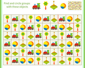  Logic game for children. Divide and circle the groups with the objects shown at the top