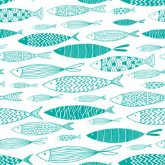 Seamless pattern with turquoise fish on a white background