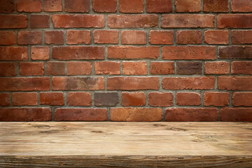 Wooden table top with old red brick wall background. Place for produkt.