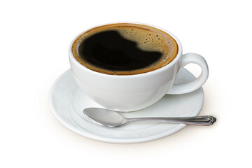Latte coffee in white coffee cup with plate and spoon on white background with clipping path