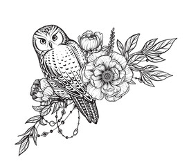 Vector illustration of black and white owl, peony flowers, branches, beads isolated on white background