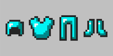 Emerald pixel armor isolated on gray background. 8-bit style defense drawn in flat style. Pixel game objects. Vector illustration