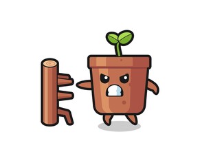 plant pot cartoon illustration as a karate fighter