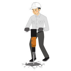 空気圧ハンマーで地面を掘る工事現場の男性