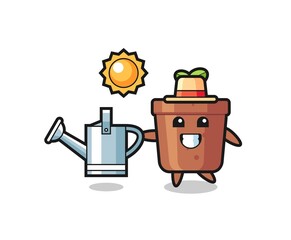 Cartoon character of plant pot holding watering can