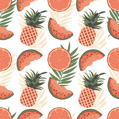 Seamless summer tropical background with slices of red watermelon, grapefruit and pineapple. Printing on trendy fabrics, modern textiles, posters, decorative pillows, interior design. 