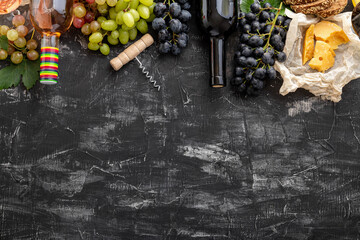 Mediterranean wine drinks and food Ingredients long web banner. Different rose red wines in...