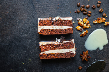 piece of cake chocolate cream nuts, coffee syrup flavor spices, honey, ganache sweet dessert holiday treat meal snack copy space food background rustic