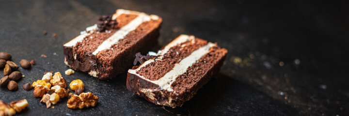 piece of cake chocolate cream nuts, coffee syrup flavor spices, honey, ganache sweet dessert holiday treat meal snack copy space food background rustic