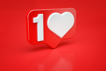 Social media message and notification icon on a red pin with a heart. 3d illustration