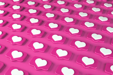 Pattern social media message and notification icon on a pink pin with a heart. 3d illustration