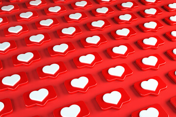 Pattern social media message and notification icon on a red pin with a heart. 3d illustration