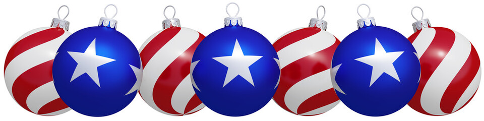 Blue with white stars Christmas balls. Red and white stripes. USA. America. Merry Christmas. Background for banner, poster, flyer, greeting card. 3d render. Backdrop for design. Wallpapers. Isolated.