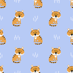 Seamless baby pattern with cartoon tiger. Vector animal illustration.