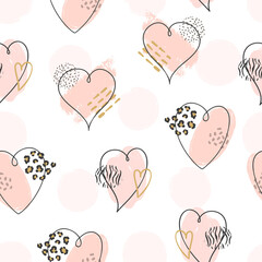 Hand draw pink hearts pattern. Valentines Day seamless background.