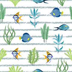 Obraz premium Seamless striped sea fish pattern. Underwater background with hand drawn seaweeds and fish