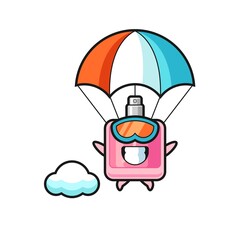 perfume mascot cartoon is skydiving with happy gesture