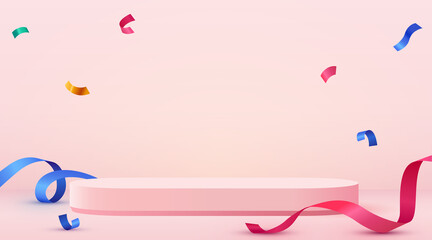 Abstract scene background. Cylinder podium background with confetti and ribbons. Product presentation, mock up, show cosmetic product, Podium, stage pedestal or platform.