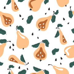 Seamless patterns. Colorful pears in neutral colors. Vector illustration