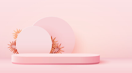 Abstract scene background. Cylinder podium with leaves on pink background. Product presentation, mock up, show cosmetic product, Podium, stage pedestal or platform.