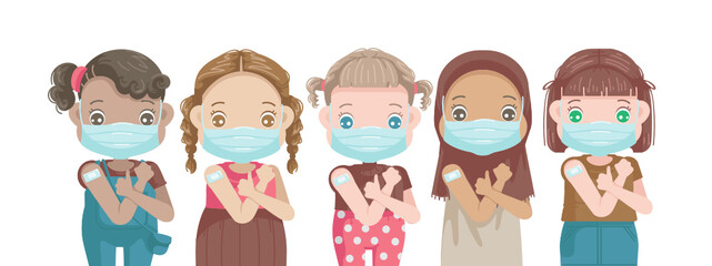 Llittle girls in face mask gesturing thumb up. Open shoulders for vaccination after receiving covid-19 vaccine injection. Kid approving of coronavirus immunization concept.