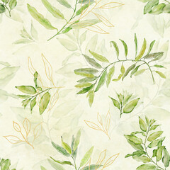 Watercolor seamless floral pattern with green and gold leaves on light yellow green background.