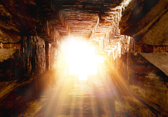 Amazing of golden light through hole. sun shining through the with beautiful rays and lens flare