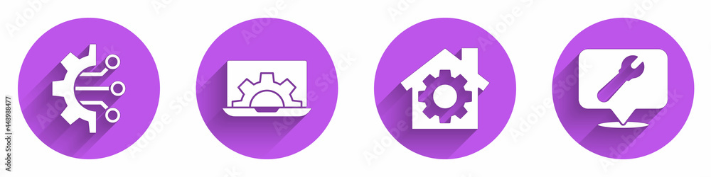 Poster set algorithm, laptop and gear, house with gear and location with wrench spanner icon with long shad