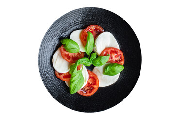 caprese salad mozzarella cheese, tomato basil leaf italian snack copy space food background rustic. top view keto or paleo diet veggie vegetarian food