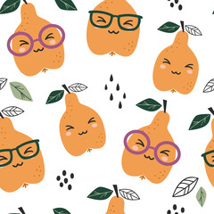 Seamless pattern with cute kawaii pears.