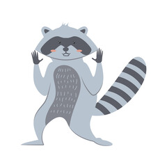 Cute cartoon raccoon isolated on white transparent background. Vector flat design children illustration. Side view. Animal drawing.
