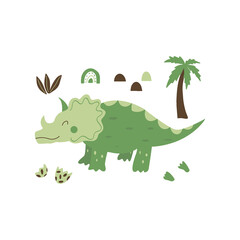 Triceratops dinosaur. Large herbivore, extinct ancient lizard with horn, Jurassic period. Print or poster. Colorful vector isolated illustration hand drawn. White background