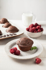 Delicious cupcakes with fresh berries. Muffin with raspberry and chocolate. Close up