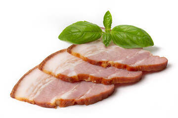 Smoked brisket pork loin decorated green basil leaf, isolated on white background. High resolution image.