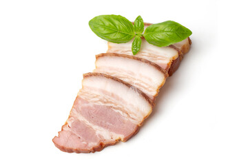 Smoked brisket pork loin decorated green basil leaf, isolated on white background. High resolution image.