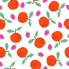 Seamless pattern with berries and fruits. Apple, orange, banana, strawberry, lemon. For application on fabric, paper, for a poster or decor