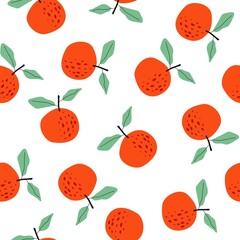 Seamless pattern with berries and fruits. Apple, orange, banana, strawberry, lemon. For application on fabric, paper, for a poster or decor