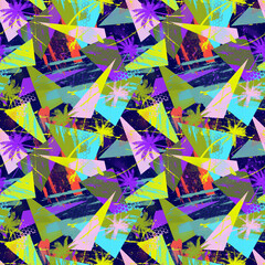Tropical geometry seamless pattern with chaotic palms, triangle elements
