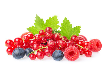 Healthy fresh food berries group. Fresh raspberries, blueberries, blackberries and red currant with leaves isolated on white background.