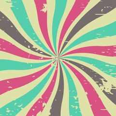 Retro background. Multicolored swirling rays on a beige background with scratches. Vintage vector blank background.