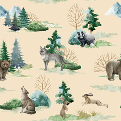 Wild forest animals seamless pattern. Watercolor image. Hand drawn forest bear, wolf, rabbit, badger,fir trees, mountains. Seamless pattern for fabric, paper, tixtile print.Pastel cream background