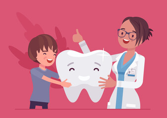 Child boy, happy dentist doctor and healthy clean tooth. Female stomatologist giving little child medical examination of dental treatment, good medical consultation. Vector illustration