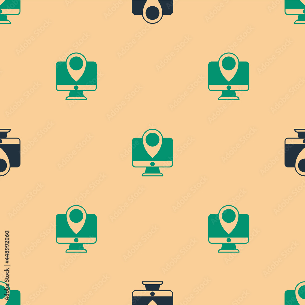 Fototapete green and black computer monitor and folded map with location marker icon isolated seamless pattern 