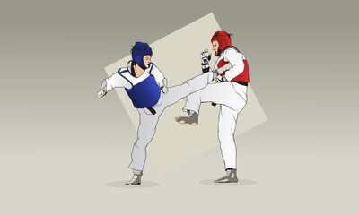 Training of two girls in taekwondo. The girls are protected by suits and are also wearing a helmet and gloves.