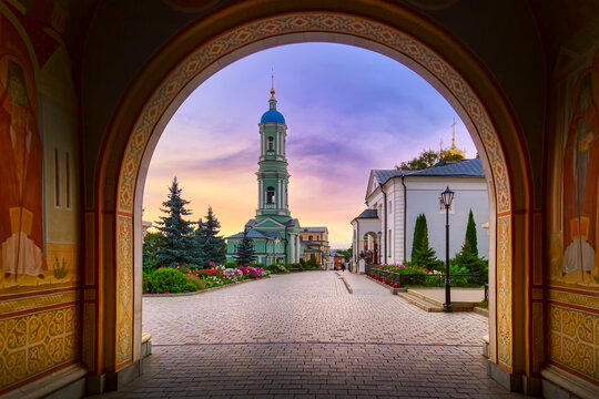 Gate view of the Optina Pustyn Orthodox male monastery during sunset in Kozelsk, Russia.